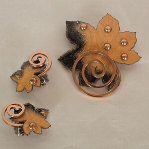 Vintage 1950s Renoir Matisse Copper Enamel Maple Leaf Brooch and Earring Set